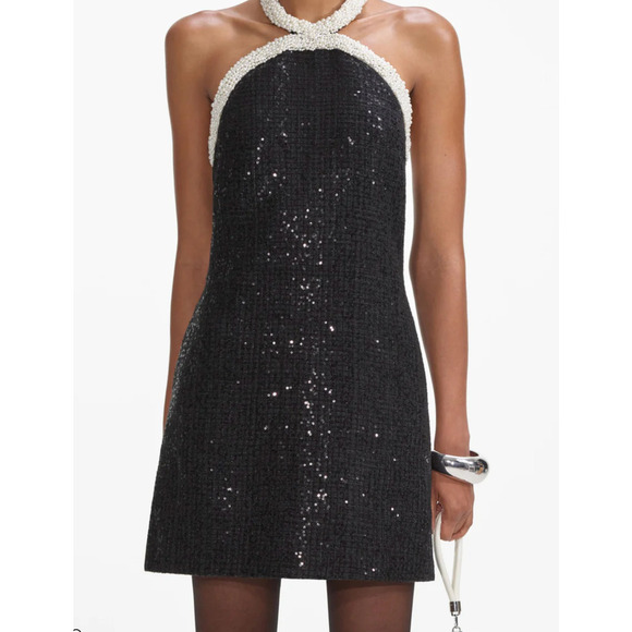 Self Portrait Black Boucle Pearl Trim Mini Dress US 6 - Picture 2 of 16